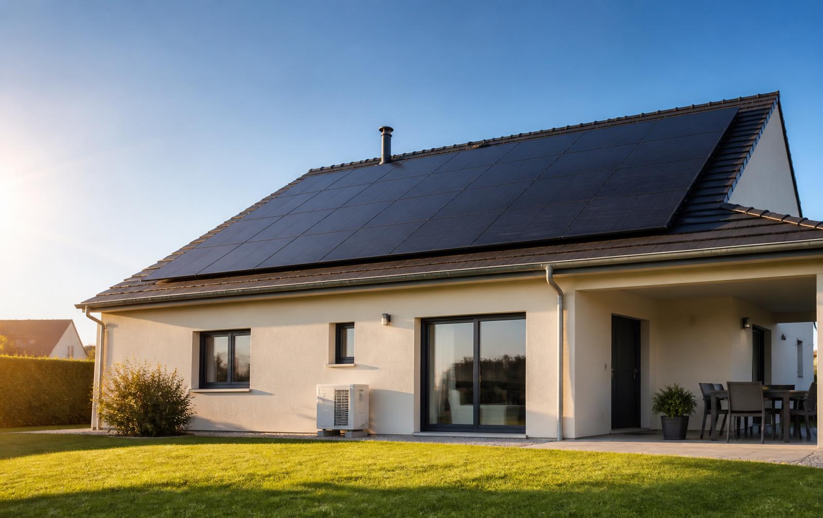 Maison individuelle équipée de panneaux photovoltaïques sous un ciel dégagé